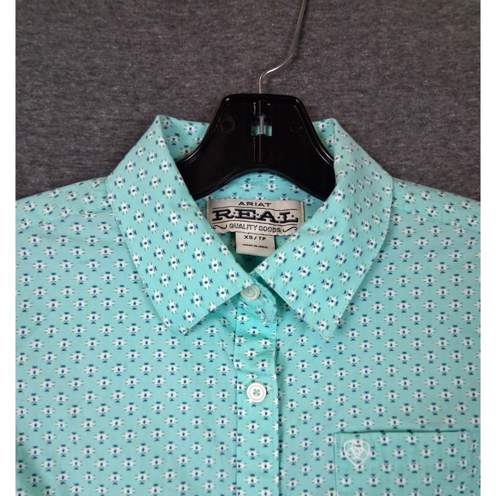 Ariat Womens Shirt XS Blue Aqua Ditzy All Over Aztec Print Western Rodeo Fair